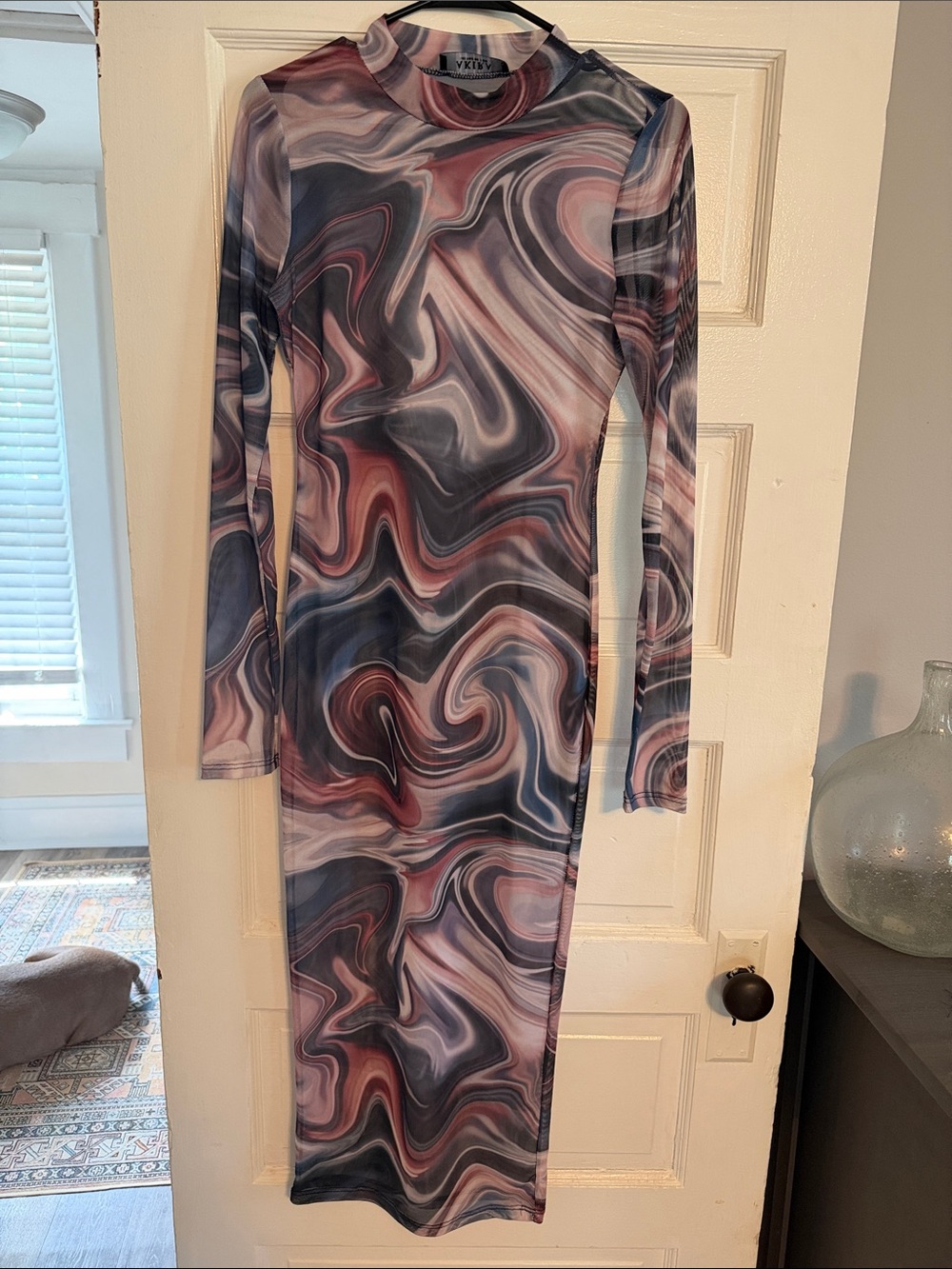 AKIRA Marbled Long-Sleeve Bodycon Midi Dress in Pink and Gray